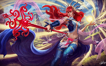 Fantasy girl, blue, pink, fantasy, art, red, redhead, girl, woman HD wallpaper
