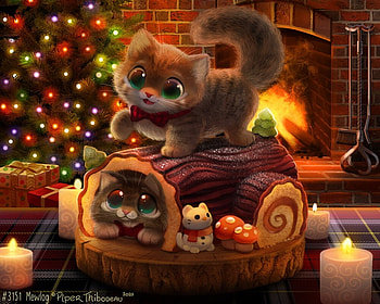 Mewlog, pisici, fantasy, craciun, art, light, christmas, piper thibodeau, cat, candle HD wallpaper