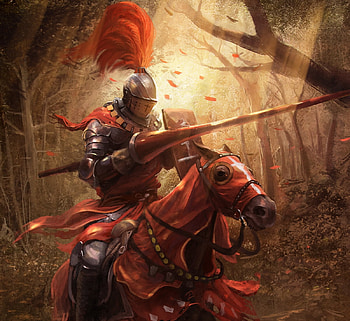 Knight, horse, art, man, raymond minnaar, cal, armor, fantasy, red HD wallpaper