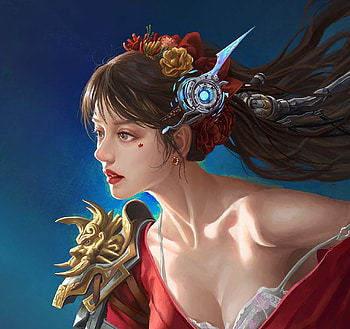 Fantasy girl, frumusete, chen yingjun, fantasy, red, face, luminos, girl, blue, gorgeous, superb HD wallpaper