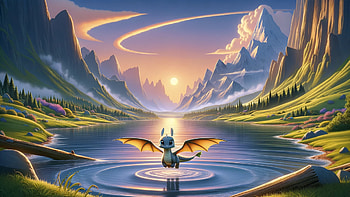 Tiny blue dragon waiting over a lake in a wonderful valley surrounded by mountains, dragon, valley, mountain, lake, sunset HD wallpaper