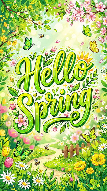 Hello Spring — Blooming , spring, flower, butterfly, greeting card HD phone wallpaper