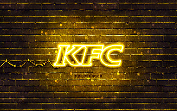 KFC yellow logo, , yellow brickwall, KFC logo, brands, KFC neon logo, KFC HD wallpaper
