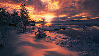 Sunset at the lake , Ringerike, Norway, sun, water, trees, colors, landscape, clouds, sky HD wallpaper