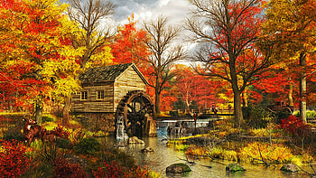 The Old Mill At Pheasant Creek Road, colors, autumn, trees, watermill, leaves HD wallpaper