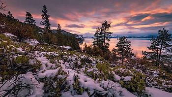 Wondrous Winter Sunset at Logan Shoals, Nevada, usa, snow, trees, colors, landscape, clouds, sky HD wallpaper