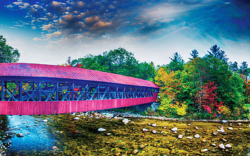 Wooden Bridge, trees, river, sky, covered Bridge, clouds HD wallpaper