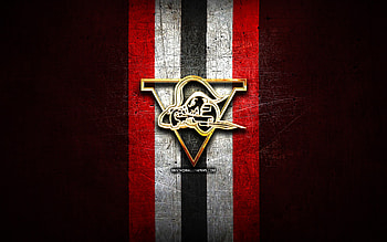 Drummondville Voltigeurs, golden logo, QMJHL, red metal background, canadian hockey team, Drummondville Voltigeurs logo, hockey HD wallpaper