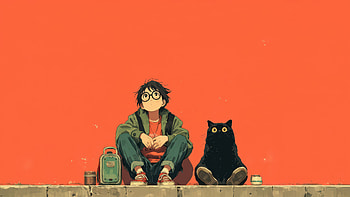 Boy With Black Cat On Orange Background, boy, black, cat, orange, background, artist, artwork, art, digital-art, ai HD wallpaper