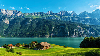 House In Switzerland, trees, meadow, sky, alps, mountains, lake HD wallpaper
