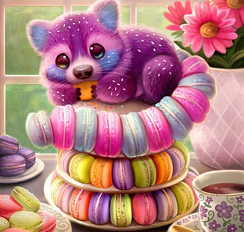 Raccaroon, pink, fantasy, art, sweets, piper thibodeau, macaron, food, creature HD wallpaper