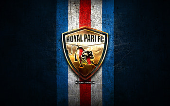 Royal Pari FC, golden logo, Bolivian Primera Division, blue metal background, football, Venezuelan football club, Club Royal Pari logo, soccer, Venezuelan Primera Division, Club Royal Pari HD wallpaper