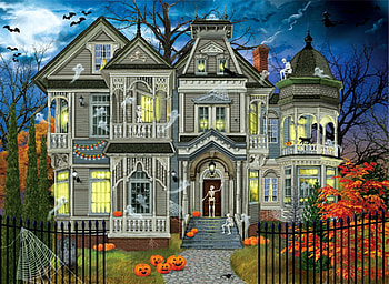 Come on in, bats, manor, night, ghosts, pumpkins, moon HD wallpaper