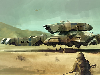 military transporter, desert, guns, soldiers, hovering, mountains HD wallpaper