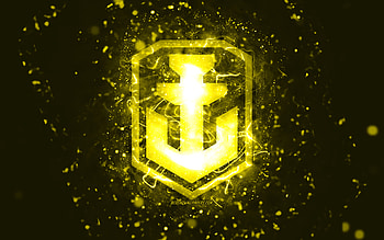 World of Warships yellow logo, , yellow neon lights, WoWS, yellow abstract background, World of Warships logo, online games, WoWS logo, World of Warships HD wallpaper