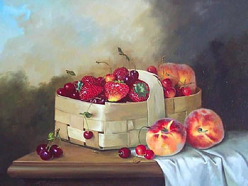 Basket of Delicious Fruit, basket, table, painting, strawberries, cherries, peaches, cloth HD wallpaper