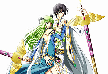 Lelouch & CC, white, yellow eyes, sword, cc, black hair, long hair, dress, purple eyes, lelouch lamperouge, code geass, cape, thighhighs, weapon, short hair, green hair HD wallpaper