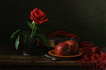 still life, graphy, drops, nice, rose, wet, flower, glass, fruit, , beautiful, old, book, pretty, red, cool, apple, scarf, lovely, harmony HD wallpaper