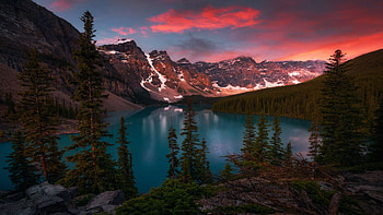 Sunrise at Moraine Lake, Alberta, landscape, trees, banff, clouds, colors, sky, canada, mountains HD wallpaper