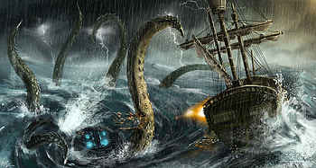 Kraken attacking sailing ship, Fantasy art masterpiece, Action-packed , Epic sea battle HD wallpaper