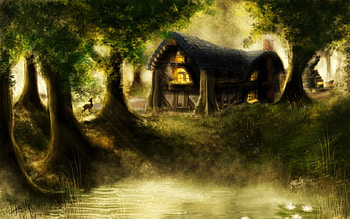 Enchanted forest, trees, enchanted, forest, cabin HD wallpaper