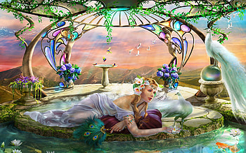 Sanctuary, digital, peacocks, girl, flowers, pond HD wallpaper