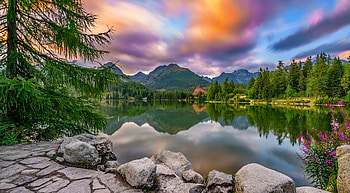 Lake view, sky, serenity, lake, mountain, tranquil, sunset, beautiful, peaceful, stones, reflection, trees HD wallpaper