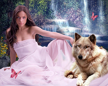 Eyes of the Wolf, artwork, waterfall, wolves, woman HD wallpaper