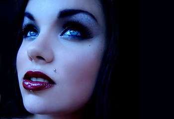 Blue on Black, blue, model, piercings, red, eyes, lips, beautiful HD wallpaper