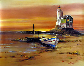 Classic painting, rays, river, boat, classic, glow, coast, pier, sunrise, nice, shore, waves, painting, sands, water, sunset, sea, lighthouse, sundown, beautiful, orange, lake, summer, pretty, clouds, sky, lovely HD wallpaper