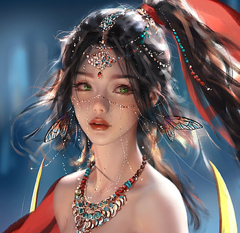 Sunshine, gorgeous, face, girl, princess, frumusete, art, jewel, superb, wlop, fantasy, red, luminos HD wallpaper