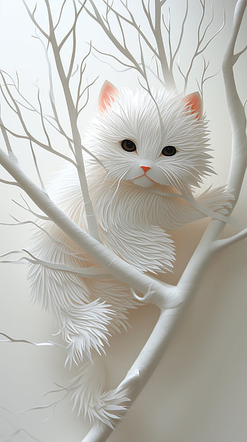 White Fluffy Cat on Branch - Elegant , cat, white, paper art, tree, sculpture HD phone wallpaper