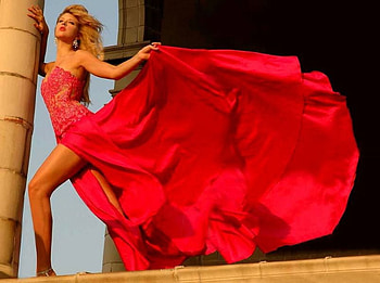 RED DRESS, sunny, flow, red, warm day, sky, dress, woman HD wallpaper