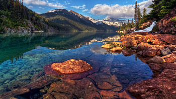 Stony Lake, rocks, stones, hills, clouds, landscape, trees, sky HD wallpaper