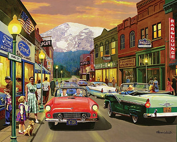 Main Street, artwork, painting, town, cars, houses, people, sunset, mountain HD wallpaper