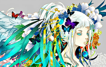 Anime girl, blue, wings, white, art, girl, purple, anime, butterfly, flower, green, red, hair, manga HD wallpaper