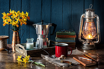 Still life, Bouquet, Books, Pen, Kerosene lamp, Coffee pot, Cup HD wallpaper