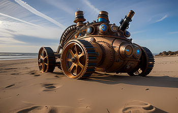 Steampunk Car on beach, AI Art, science, beach, creative, car, Sci Fi, steampunk HD wallpaper