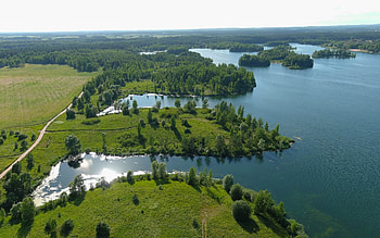 Lake from Above, road, lake, aerial, trees, Latvia, fields HD wallpaper