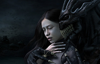 Hope Lost, teeth, birds, grip, houses, locket, demon, artwork, fantasy, claws, trees, female HD wallpaper