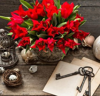 Vintage Easter Decorations, red tulips, still life, Easter, decorations, flowers HD wallpaper