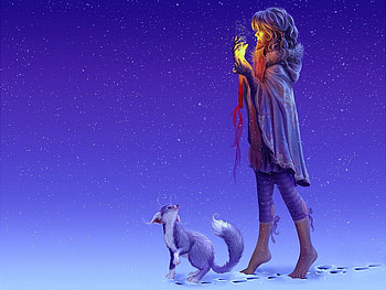 Abstract woman, blue, animal, girl, spark, woman, fantasy, abstract, candle, animals HD wallpaper