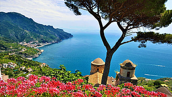Salerno, Prov. Ravello, Italy, blossoms, sea, mediterranean, landscape, spring, church, tree HD wallpaper
