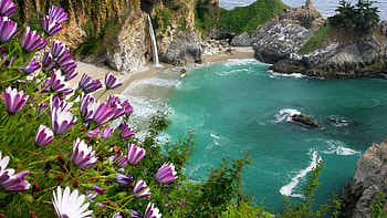 Lagoon, Summer falls, Waterfall wonders, Beach paradise HD wallpaper
