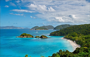 Turquoise bays on St. John, island, landscapes, sand, clouds, mountains, forest HD wallpaper