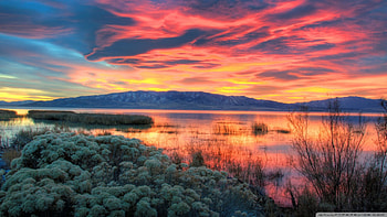 fiery sunset ove utah lake r, bushes, clouds, lake, sunset, mountain HD wallpaper