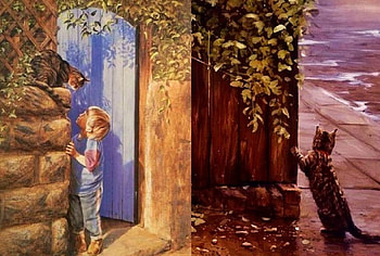 Playful Friends, artwork, door, painting, house, cats, child HD wallpaper