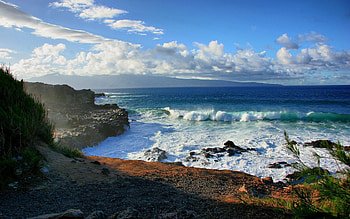 Inflow, landscape, beautiful, rocks, beach, waves, nature, sky, amazing, ocean HD wallpaper
