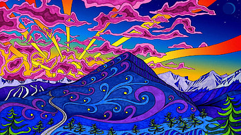 psychedelic mountain sunrise, colorful, wild, mountains, sunrise HD wallpaper