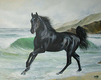 Black Arabian On A Beach, horses, water, animals, mountain HD wallpaper
